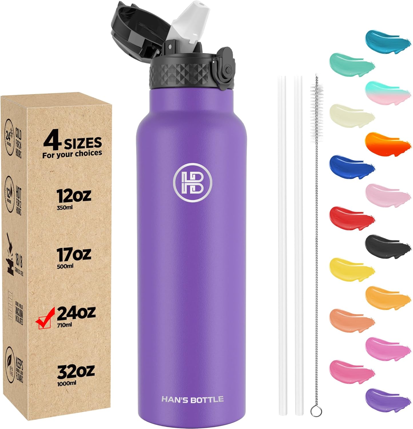 Han's Bottle Sports Water Bottle - 24 Oz, Straw Lid, Leak Proof, Vacuum Insulated Stainless Steel, Double Walled, Thermo Mug,Black
