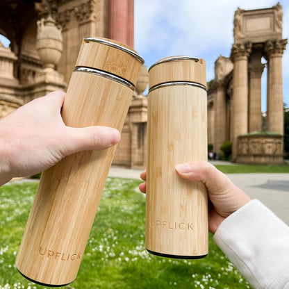 Bamboo Water Bottle Insulated Tea Tumbler for Men Birthday Gift, Women Travel Tea Set with Diffuser for Loose Tea Leaves, Stainless Steel Leak Proof Gift for Mom (15 oz)