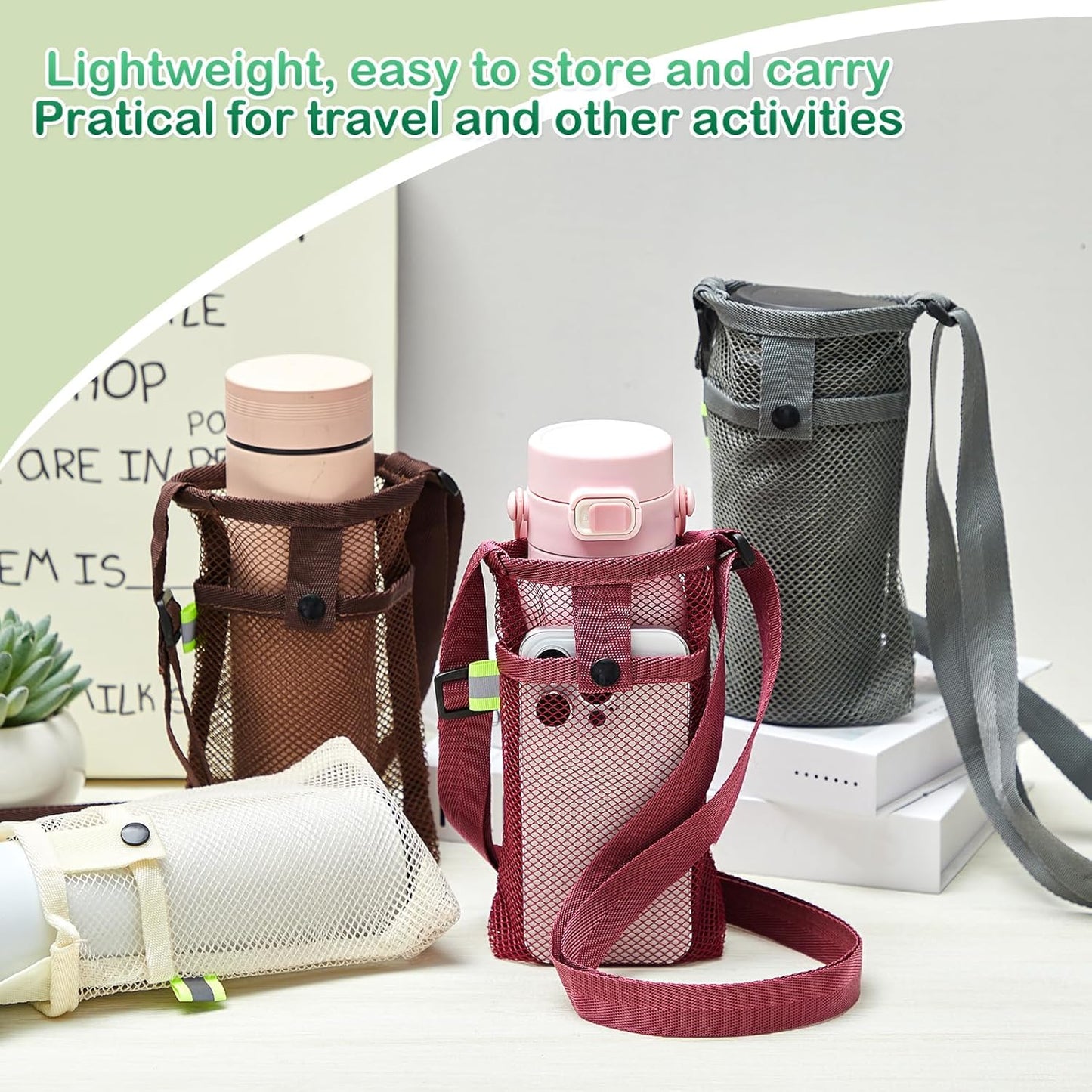 Mumufy Mesh Water Bottle Sling Holder with Adjustable Strap Crossbody Bottle Sleeve Carrier with Pouch for Outdoor Activities