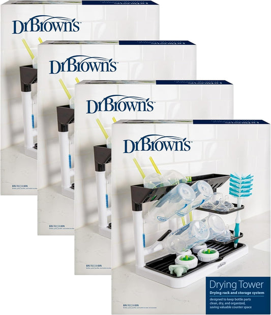 Dr. Brown's Baby Bottle Drying Tower, Stand-Up Countertop Drying Rack with Organized Storage for Baby Essentials, Space Saving Vertical Rack, Black/White