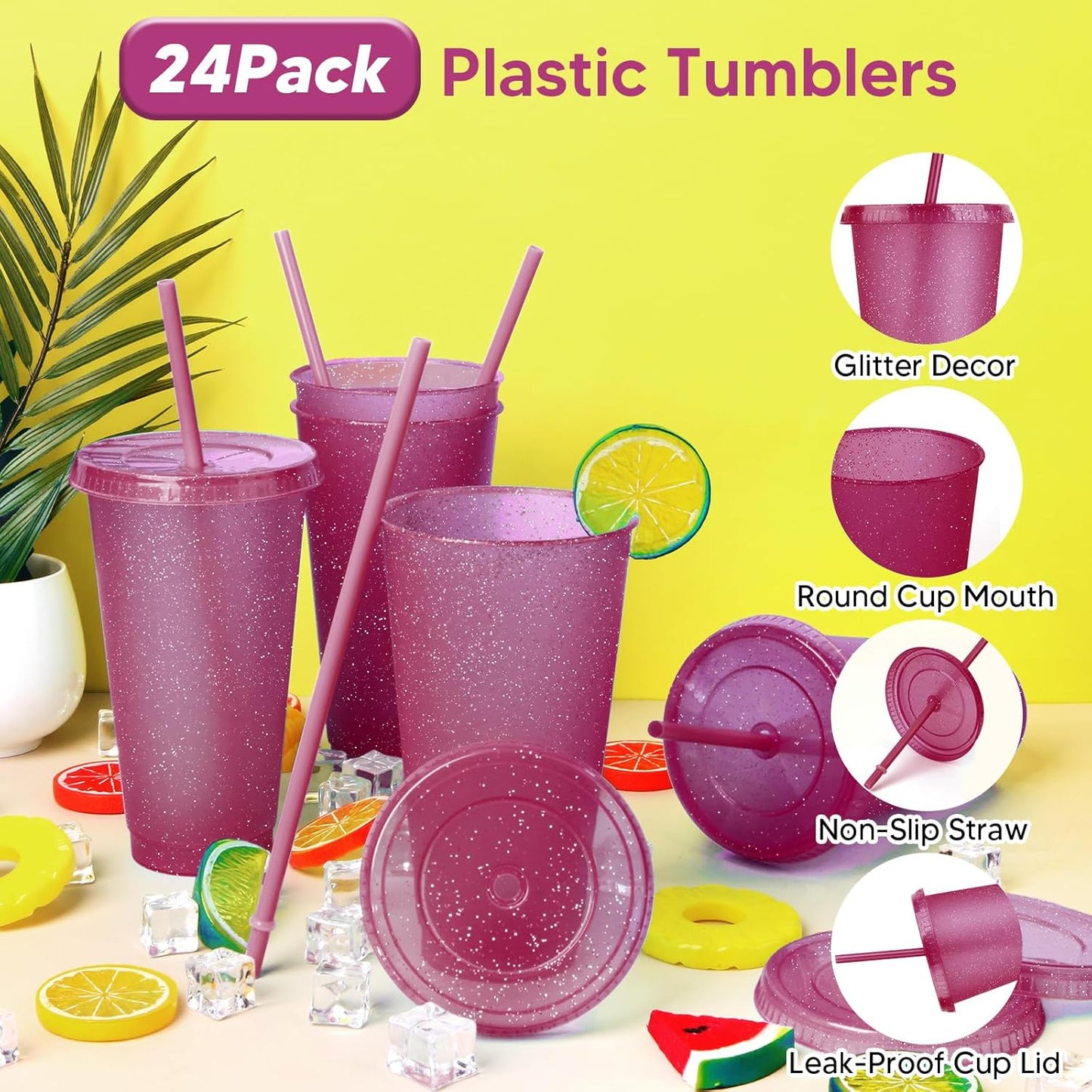 24 Pack Plastic Tumblers with Lids and Straw, Reusable Cups with Lids and Straws Colorful Cups for Cold Drink Iced Coffee, Plastic Tumbler Bulk for Party Birthday Gifts (24 oz, Stylish Colors)