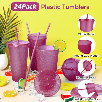 24 Pack Plastic Tumblers with Lids and Straw, Reusable Cups with Lids and Straws Colorful Cups for Cold Drink Iced Coffee, Plastic Tumbler Bulk for Party Birthday Gifts (24 oz, Stylish Colors)