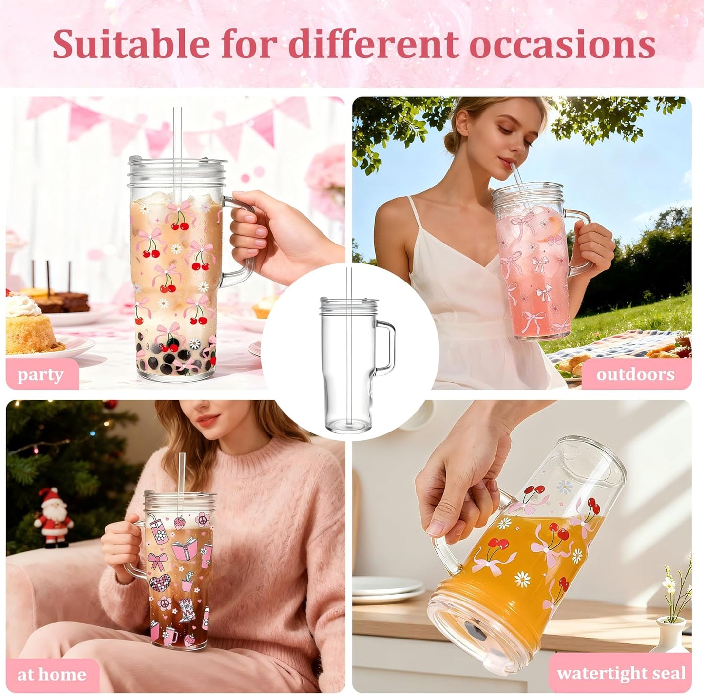 2Pack 40OZ Glass Tumbler with Handle,Glass Cup with Lid and Straw,Reusable Glass Iced Coffee Cup for Beer, Smoothies, Juice,Hot/Cold Drinks-Suitable for Birthday,Wedding
