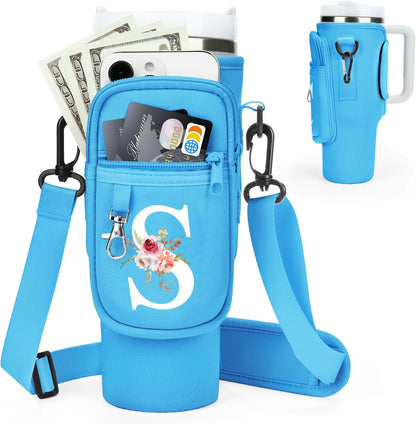 Initial Water Bottle Holder with Strap for Stanley Cup Accessories 40 oz/Simple Modern Tumbler, Birthdays for Women Girls, Water Bottle Carrier Bag with Phone Pocket,Hiking Walking Gym Camping
