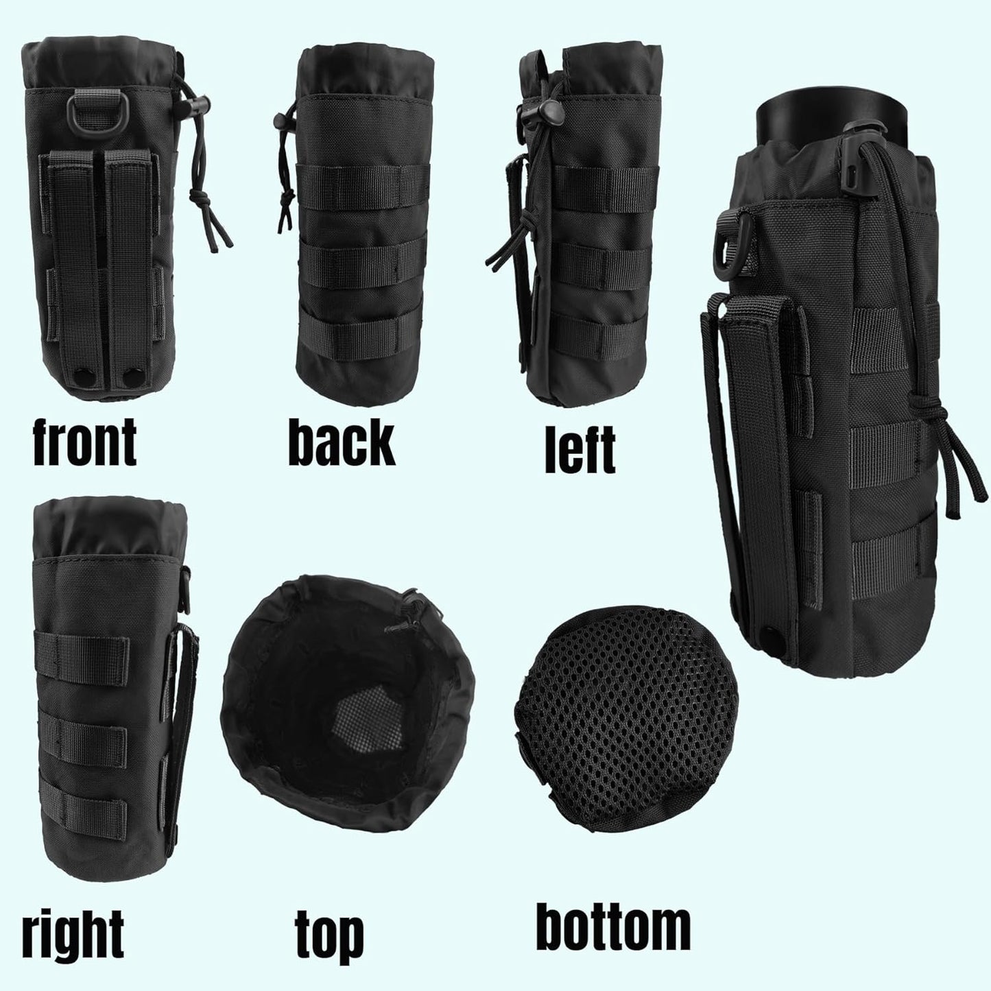 Tactical MOLLE Water Bottle Holder, Upgraded Water Bottle Pouch with Drawstring Open Top & Mesh Bottom, 16/24/25/32oz Water Bottle Carrier Bag with D-Ring Hook for Backpack