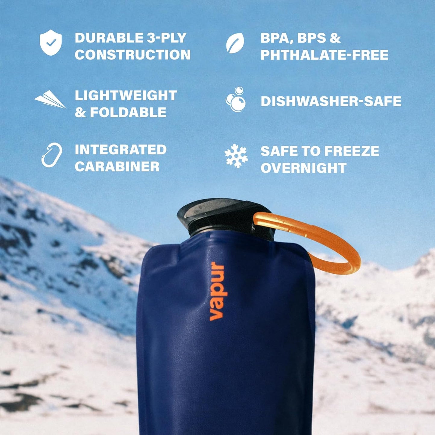 Vapur Collapsible Water Bottle with Carabiner - 34oz (1L), Night Blue - Flexible and Lightweight Water Bottle for Travel, Concert, Hiking, and Outdoor Adventures - BPA-Free, Dishwasher-Safe, Freezable