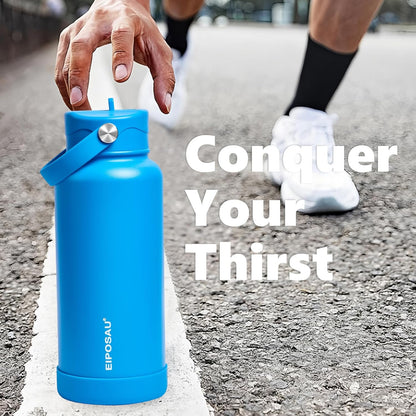 Insulated Water Bottle with Lid & Boot & Stickers, 24 oz Stainless Steel Sweat Free Bottle Keep Cold 24H, BPA-Free Sports Wide Mouth Water Bottle, BlueBlack