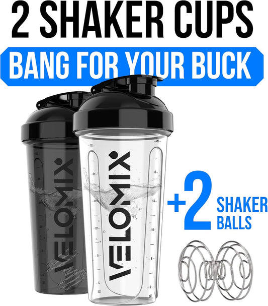 VELOMIX -2 Pack- 28 oz Protein Shaker Bottles for Protein Mixes - 2x Wire Whisk | Leak Proof Shaker Cups for Protein Shakes | Protein Shaker Bottle Pack (Black/Transparent)