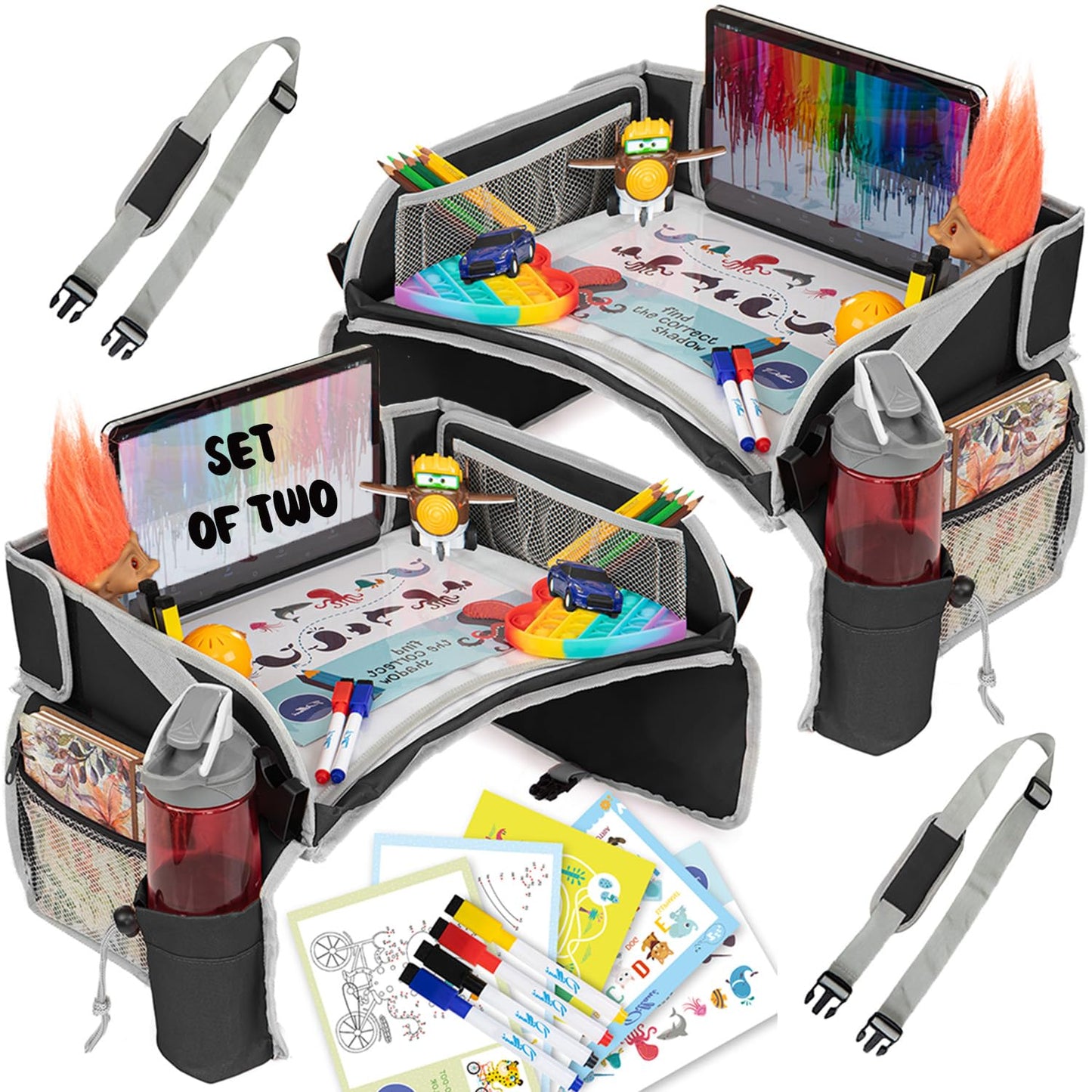 PILLANI Kids Travel Tray for Car - Car Seat Tray with Activity Sheets & Pens, Road Trip Essentials for Car & Airplane, Must Have Toddler Travel Lap Desk Accessories - Road Trip Activities for Kids