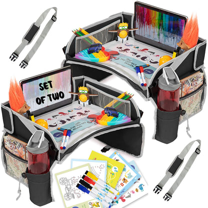 PILLANI Kids Travel Tray for Car - Car Seat Tray with Activity Sheets & Pens, Road Trip Essentials for Car & Airplane, Must Have Toddler Travel Lap Desk Accessories - Road Trip Activities for Kids