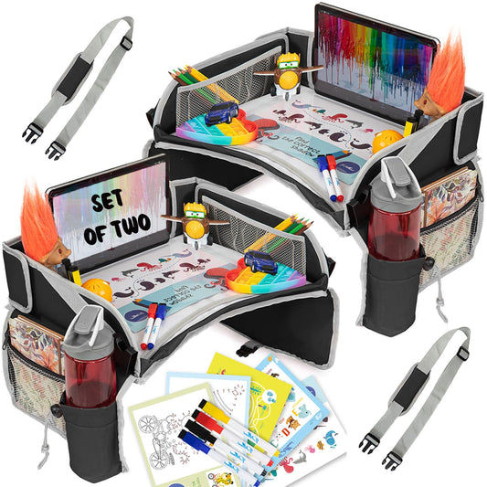 PILLANI Kids Travel Tray for Car - Car Seat Tray with Activity Sheets & Pens, Road Trip Essentials for Car & Airplane, Must Have Toddler Travel Lap Desk Accessories - Road Trip Activities for Kids