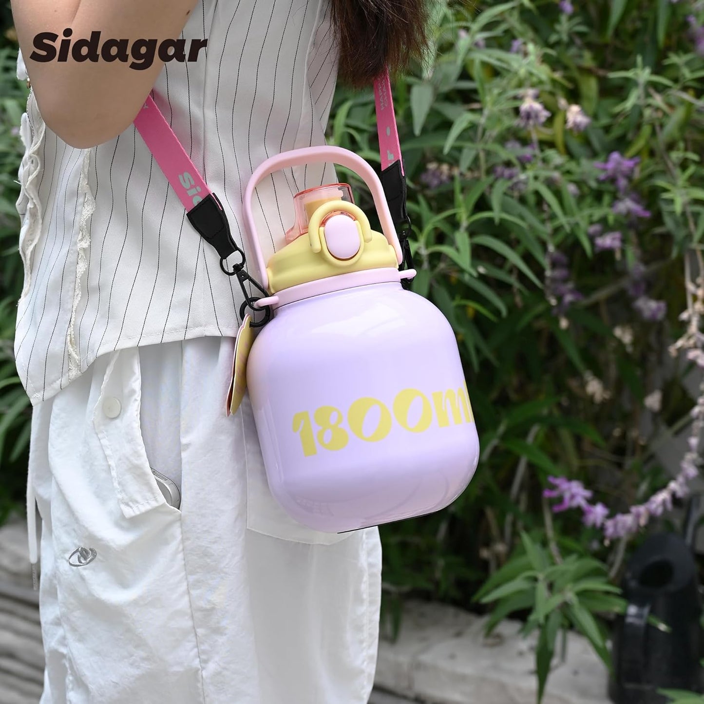 60 oz Big Gallon Water Bottle with Straw and Carry Handle, Black Wide Mouth Vacuum Water Jug, Insulated Stainless Steel Bottles; Heavy-Duty Aesthetic Yoga Flask for Women, Sweet & Cool Black