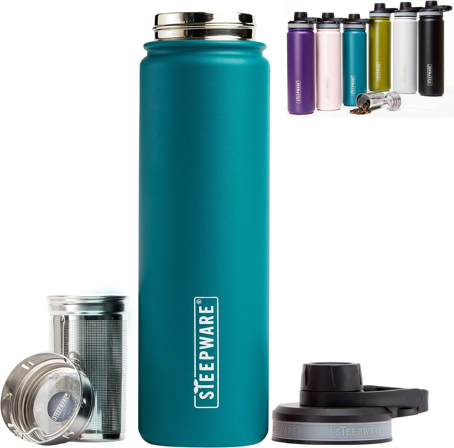 The Tea Spot Steepware Tea Tumbler and Thermos, 22oz, Tea Bottle with tea infuser for loose leaf tea or iced coffee, Sleek Double Wall Tumbler & Insulated Travel Bottle - Black