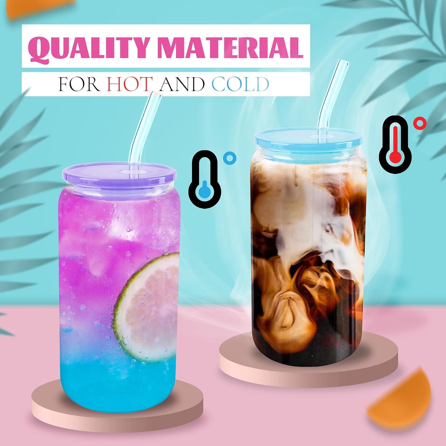 Joyclub 8pcs 16 oz Glass Cups with Acrylic Lids and Straws Can Shaped Iced Coffee Glasses Cute Tumbler Set Drinking Jars for Smoothie Soda Boba Beer Party Housewarming Gifts