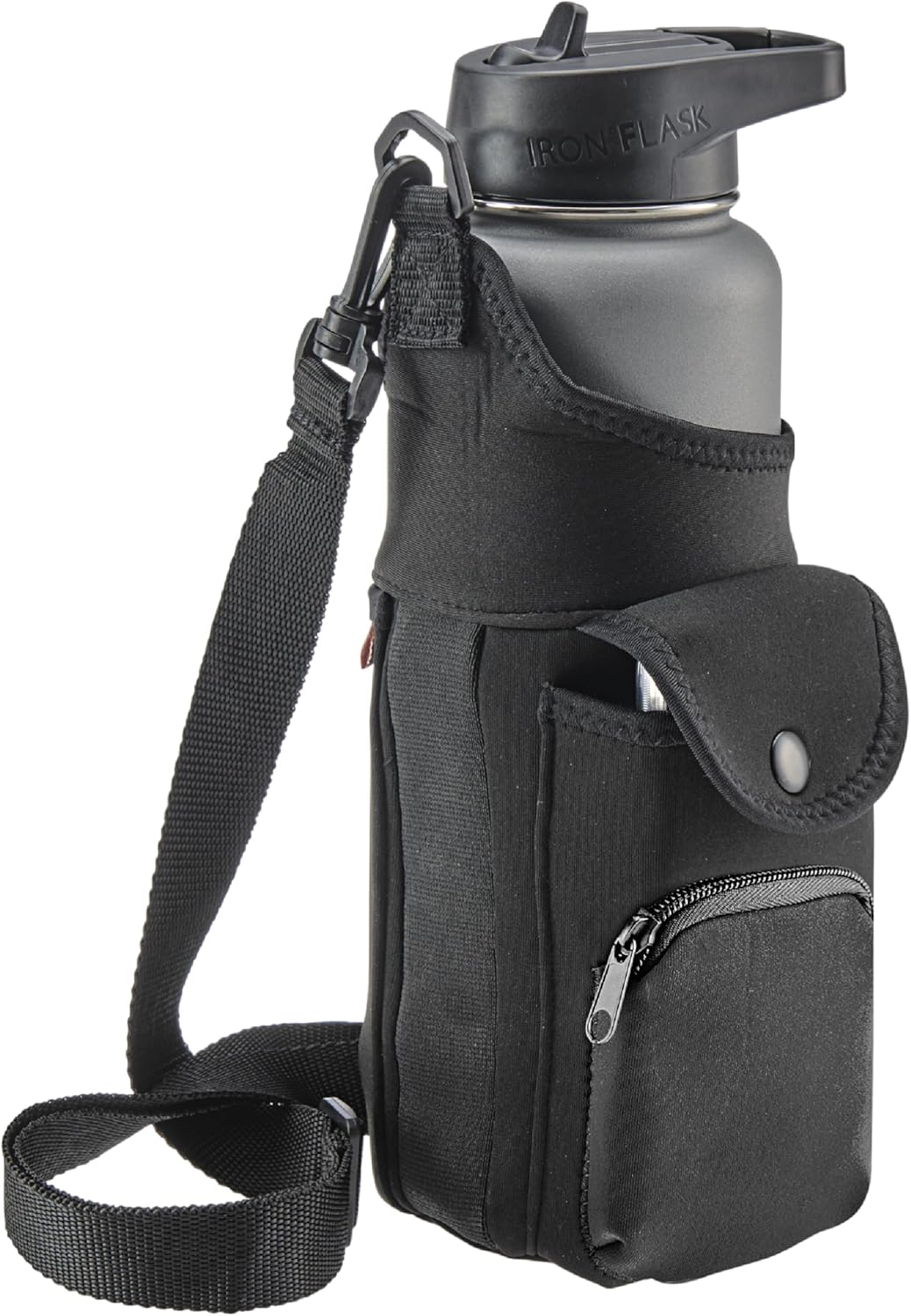 Smooth Trip Neoprene Water Bottle Sleeve with Phone Pouch - Insulated Water Bottle Holder with Storage Pockets and Padded Strap for Walking and Hiking - Fits up to 32 oz. Bottles