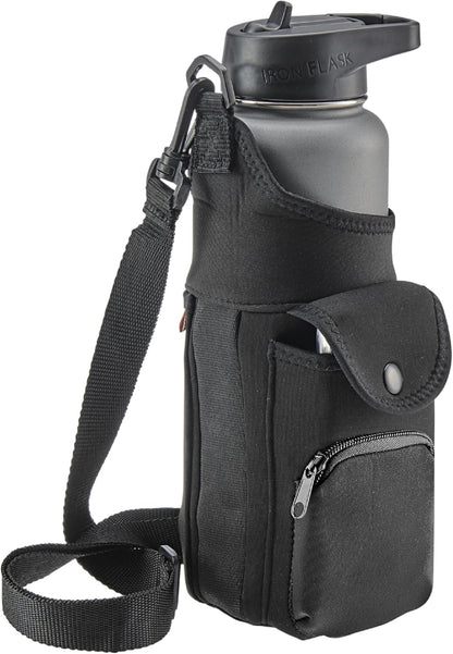 Smooth Trip Neoprene Water Bottle Sleeve with Phone Pouch - Insulated Water Bottle Holder with Storage Pockets and Padded Strap for Walking and Hiking - Fits up to 32 oz. Bottles