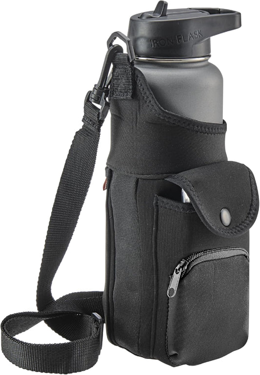 Smooth Trip Neoprene Water Bottle Sleeve with Phone Pouch - Insulated Water Bottle Holder with Storage Pockets and Padded Strap for Walking and Hiking - Fits up to 32 oz. Bottles