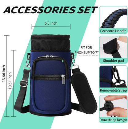 AceTreker 32/40/64/87/128 oz Water Bottle Carrier Bag, Neoprene Water Bottle Sleeve with 4 Pocket, Sport Water Holder with Paracord Handle and Shoulder Strap for Walking Hiking Camping Gym