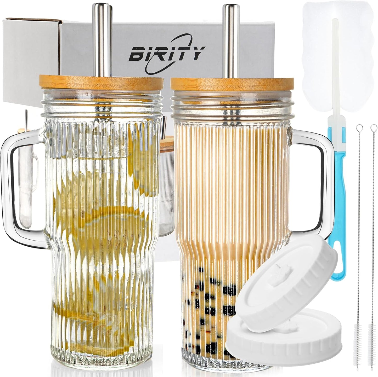2Pack 40OZ Glass Tumbler with Handle,Glass Cup with Lid and Straw,Reusable Glass Iced Coffee Cup for Beer, Smoothies, Juice,Hot/Cold Drinks-Suitable for Birthday,Wedding