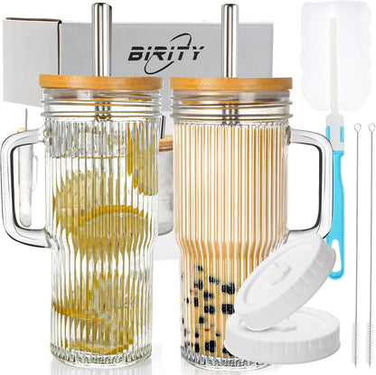 2Pack 40OZ Glass Tumbler with Handle,Glass Cup with Lid and Straw,Reusable Glass Iced Coffee Cup for Beer, Smoothies, Juice,Hot/Cold Drinks-Suitable for Birthday,Wedding