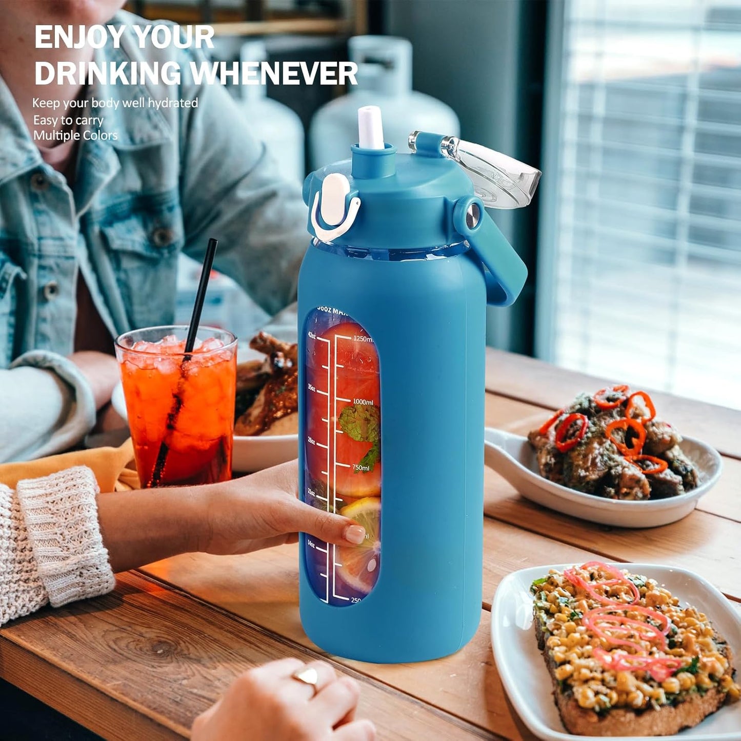64oz Glass Water Bottles with Straw, Half Gallon Motivational Glass Bottle with Silicone Sleeve and Time Marker, 2L Leakproof Large Glass Water Jug for Gym Home Office,olive