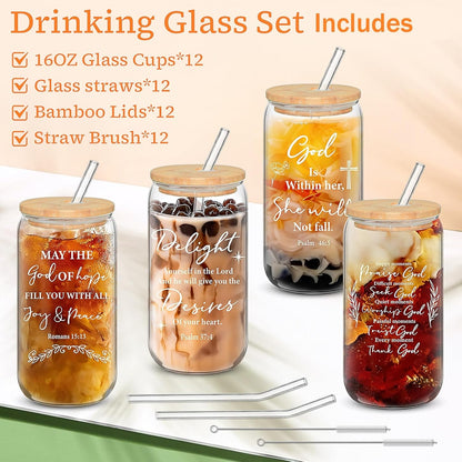 12 Set Christian Gifts Bulk 16oz Glass Cup with Lids Straws Can Shaped Bible Verse Coffee Cup Religious Gifts for Men Women Church Sunday School Bible Study