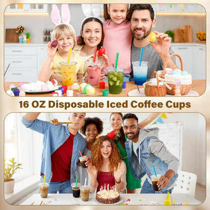 KesaPlan 50 Pack 16oz Clear Plastic Cups with Lids & Colorful Wide Straws, Disposable Smoothie Cup, Round Bottom To Go Drinking Cup for Bubble Tea, Iced Coffee, Milkshakes, Party Picnic Supply