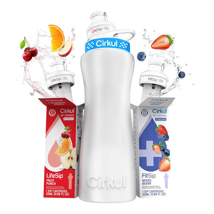 Cirkul 32oz. Chameleon Stainless Steel Water Bottle Starter Kit with Green Lid, 2 Flavor Cartridges (1 LifeSip Blackberry Blueberry, 1 GoSip Berry Blue Punch) No Sugar, Zero Calorie Drink Mix