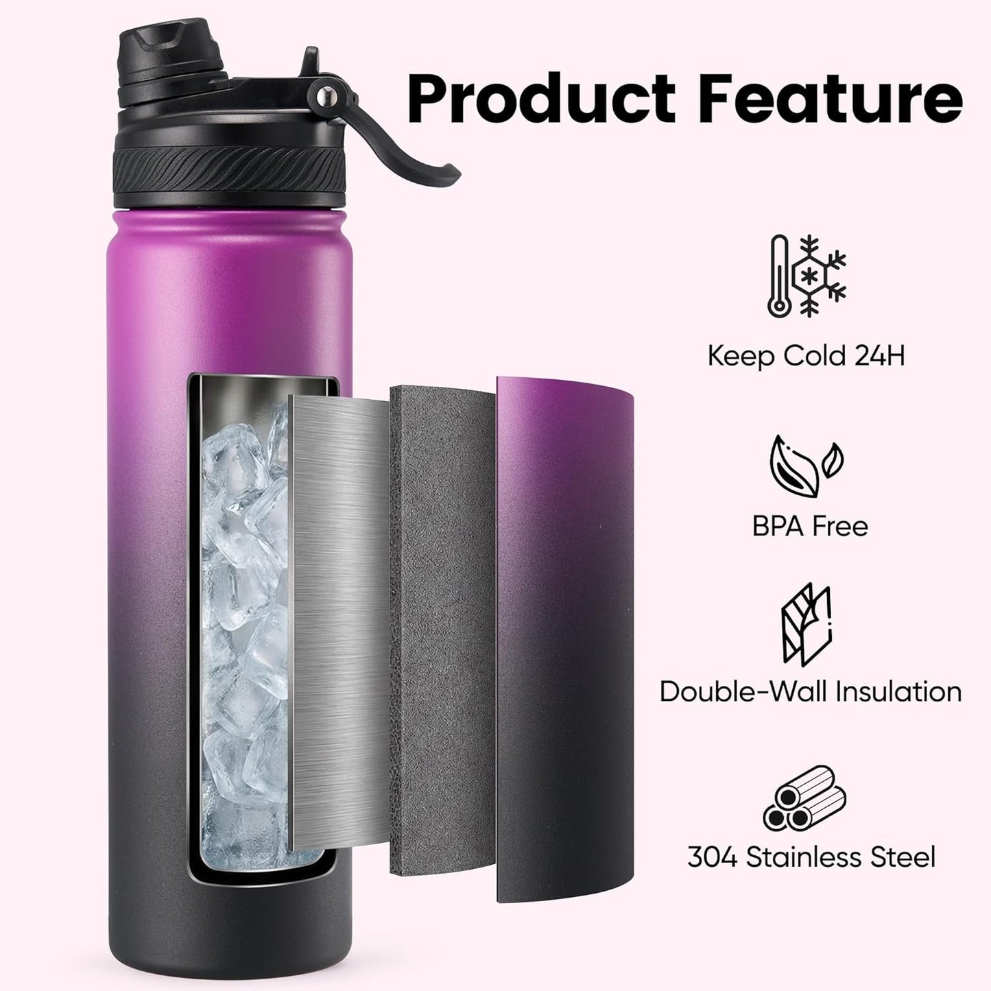 Fijinhom 18 oz Insulated Water Bottle, 2-in-1 Straw and Spout Lid Stainless Steel Thermos, Leak-Proof, Double Wall Vacuum Flask, Keep Cold 24H for Outdoor, Sports, Travel, School (Black)