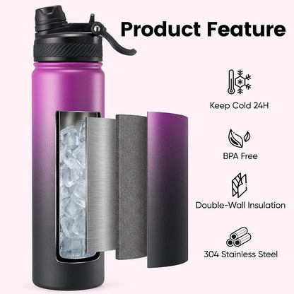 Fijinhom 18 oz Insulated Water Bottle, 2-in-1 Straw and Spout Lid Stainless Steel Thermos, Leak-Proof, Double Wall Vacuum Flask, Keep Cold 24H for Outdoor, Sports, Travel, School (Black)