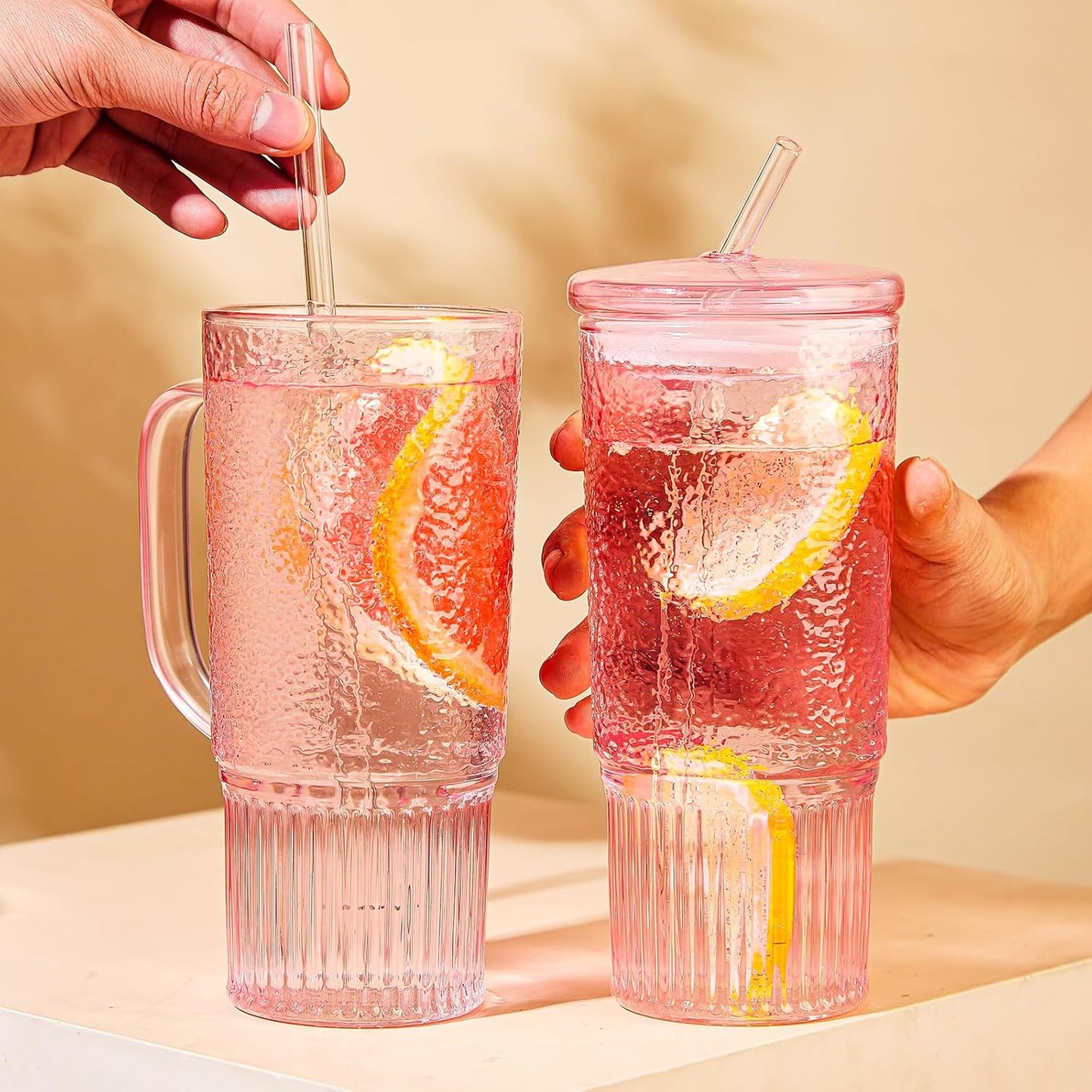 JunVpic Glass Cups with Lids and Straws,24oz Glass Tumbler with Handle Iced Coffee Cup for Coffee,Juice,Tea,Milk,Smoothie,Hot & Cold Drinks (Pink)