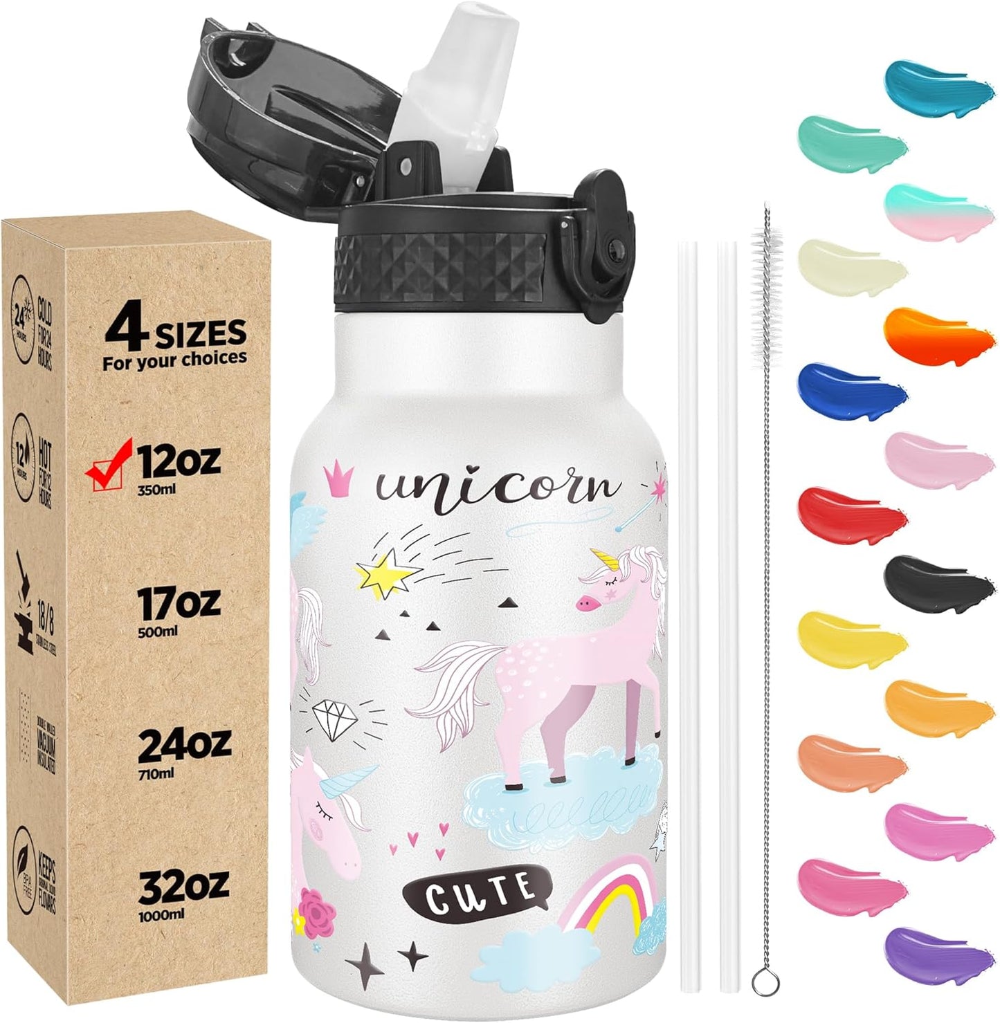 Han's Bottle Sports Water Bottle - 24 Oz, Straw Lid, Leak Proof, Vacuum Insulated Stainless Steel, Double Walled, Thermo Mug,Black