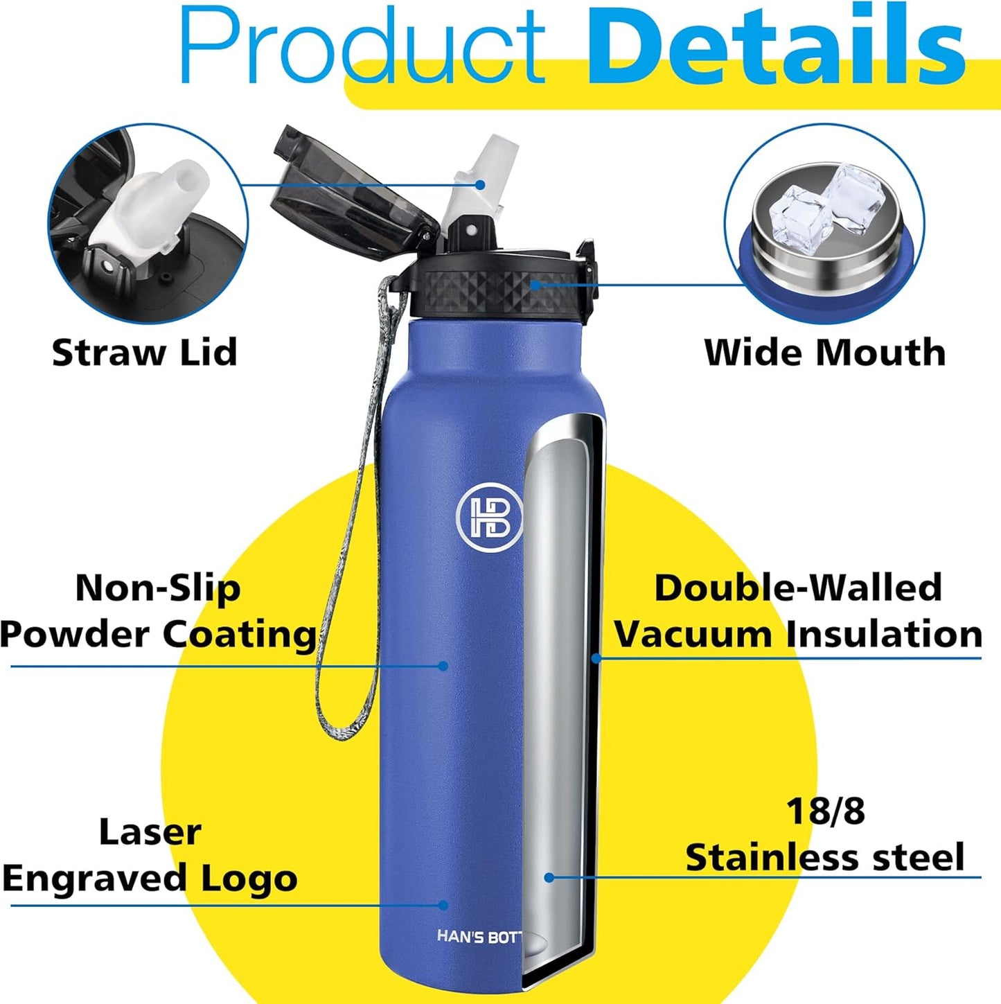 Han's Bottle Sports Water Bottle - 24 Oz, Straw Lid, Leak Proof, Vacuum Insulated Stainless Steel, Double Walled, Thermo Mug,Black