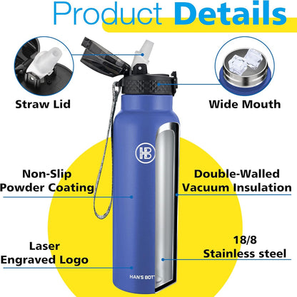 Han's Bottle Sports Water Bottle - 24 Oz, Straw Lid, Leak Proof, Vacuum Insulated Stainless Steel, Double Walled, Thermo Mug,Black