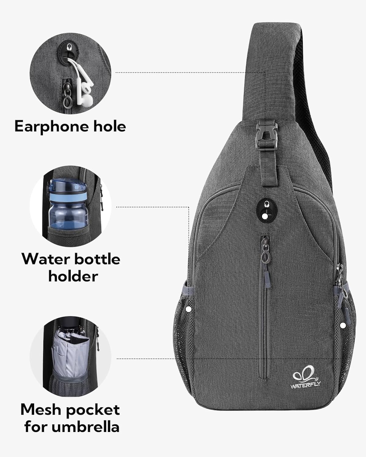 WATERFLY Crossbody Sling Backpack Sling Bag Travel Hiking Chest Bag Daypack (Black)