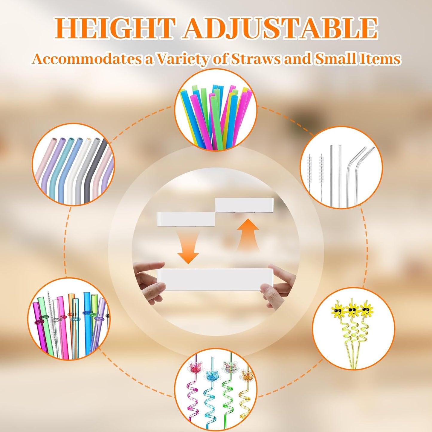 Upgraded 9.84" Large Straw Holder for Cabinet Door, 3-Part Adjustable Straw Organizer Storage with Strong Adhesive Double-sided Tape, Ultra Sticky Under-Cabinet Mount Storage (Transparent)