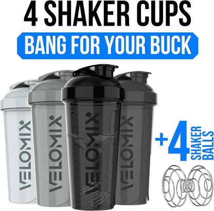 VELOMIX -4 Pack- 28 oz Protein Shaker Bottles for Protein Mixes - 4x Wire Whisk | Leak Proof Shaker Cups for Protein Shakes | Stackable Protein Shaker Bottle Pack (A1) Silver Aurora
