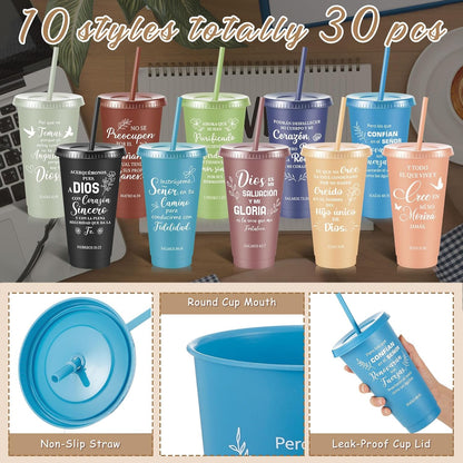 Uiifan 30 Pcs Christian Gifts Cups Bulk for Women, 24oz Bible Verse Christian Tumblers with Lids and Straw, Religious Church Gifts for Mother's Day (Fresh Color,Bible)