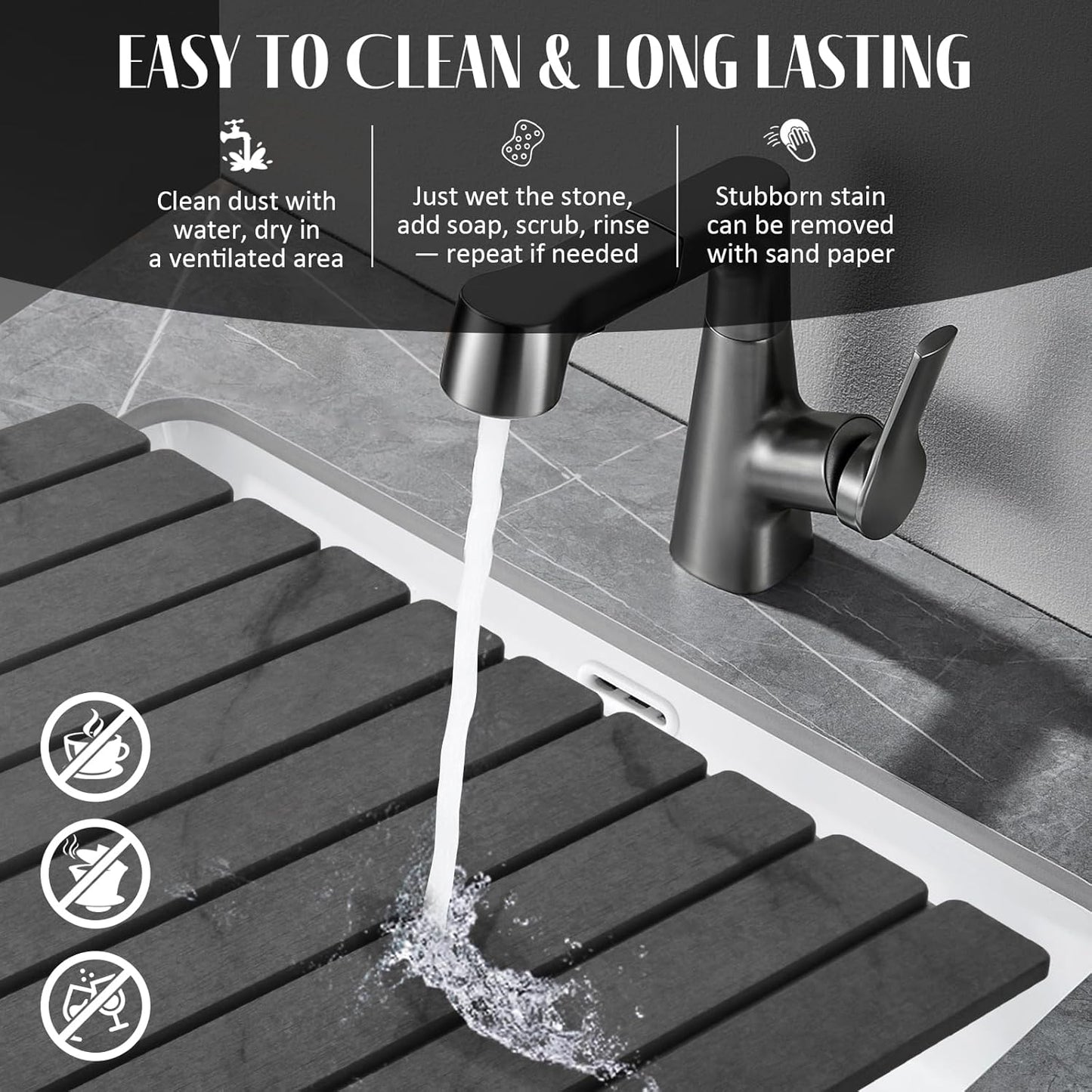 Large Stone Dish Drying Mat for Kitchen Counter – 24"(L)×16 "(W) Foldable Super Absorbent Diatomaceous Earth Dish Drying Mat, Kitchen Counter Mats for Plate Rack, Cups, Match Any Countertop - Gray