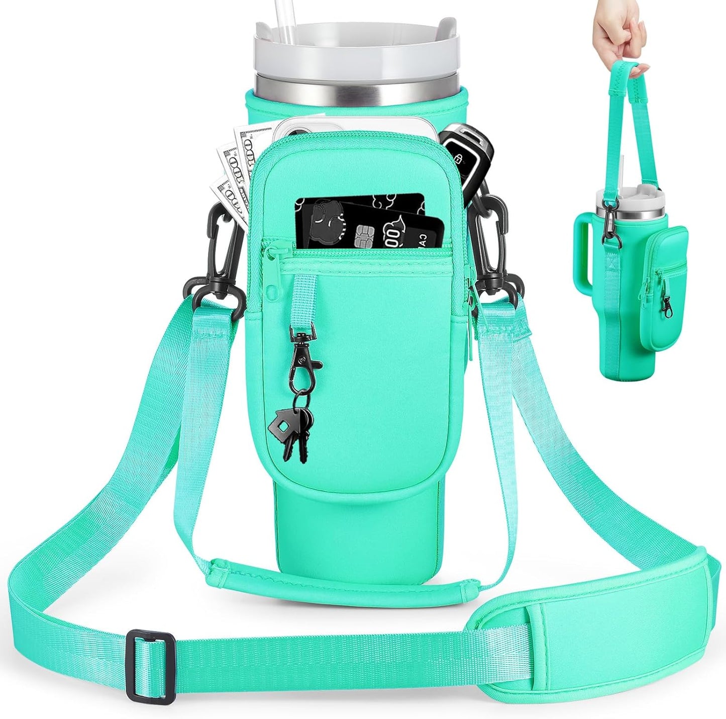 BULKITEM Water Bottle Carrier Bag with Phone Pocket for Stanley 40 & 30 oz Tumbler with Handle,Pink Insulated Neoprene Cup Holder Pouch w/Adjustable Strap for Quencher H2.0 Stanley Cup Accessories
