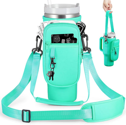 BULKITEM Water Bottle Carrier Bag with Phone Pocket for Stanley 40 & 30 oz Tumbler with Handle,Pink Insulated Neoprene Cup Holder Pouch w/Adjustable Strap for Quencher H2.0 Stanley Cup Accessories