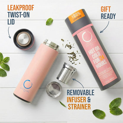 Pure Zen Tea Thermos with Infuser for Hot and Cold Infusions - Stainless Steel - Tea Infuser Bottle - Leakproof Travel Mug with Filter - 15oz - Blue