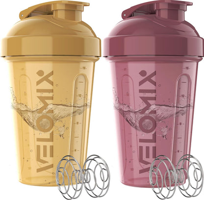 VELOMIX -2 Pack- 20 oz Protein Shaker Bottles for Protein Mixes - 2x Wire Whisk | Leak Proof Shaker Cups for Protein Shakes and Pre Workout | Protein Shaker Bottle Pack (Black/Transparent)