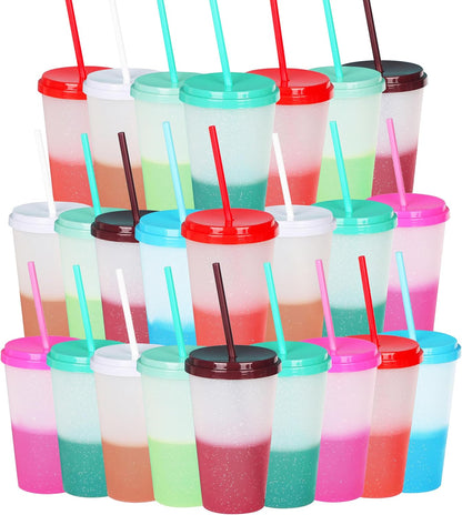Color Changing Cups, 5 Pack 24oz Plastic Tumblers, Reusable Iced Coffee & Smoothie Cups with Lids and Straws for Parties and Travel