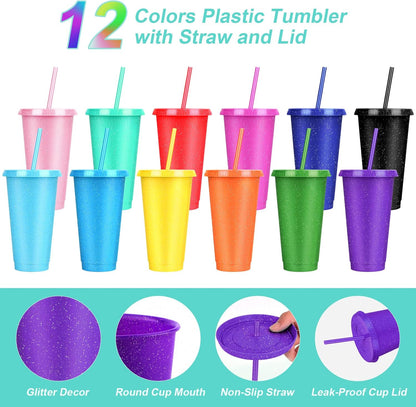24 Pack Plastic Tumblers with Lids and Straw, Reusable Cups with Lids and Straws Colorful Cups for Cold Drink Iced Coffee, Plastic Tumbler Bulk for Party Birthday Gifts (24 oz, Stylish Colors)