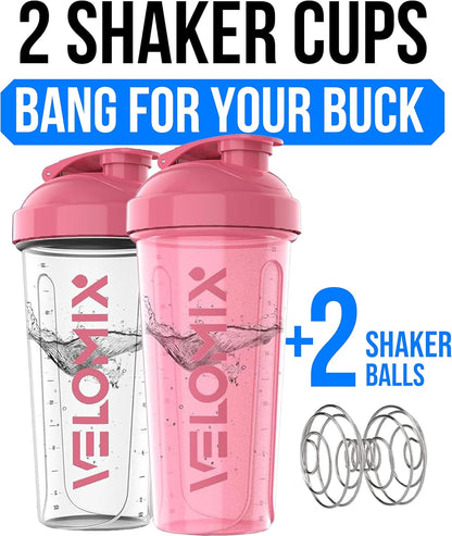 VELOMIX -2 Pack- 28 oz Protein Shaker Bottles for Protein Mixes - 2x Wire Whisk | Leak Proof Shaker Cups for Protein Shakes | Protein Shaker Bottle Pack (Black/Transparent)