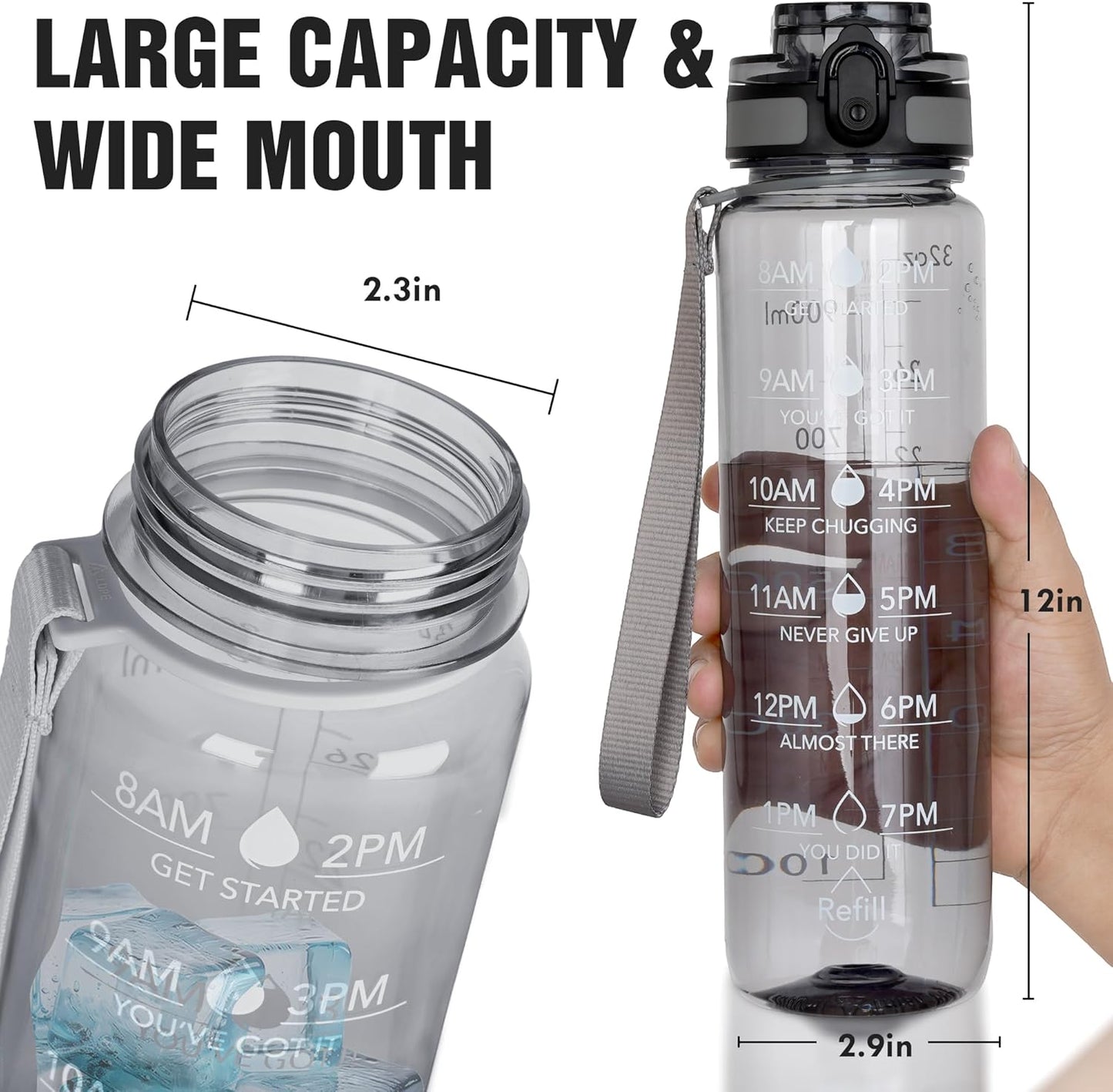 OLDLEY Water Bottle, 32oz Motivational Sports Water Bottle with Time Marker - Times to Drink - Tritan, BPA Free, Wide Mouth Leakproof, Clear (1 Bottle)