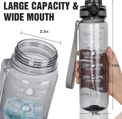 OLDLEY Water Bottle, 32oz Motivational Sports Water Bottle with Time Marker - Times to Drink - Tritan, BPA Free, Wide Mouth Leakproof, Clear (1 Bottle)