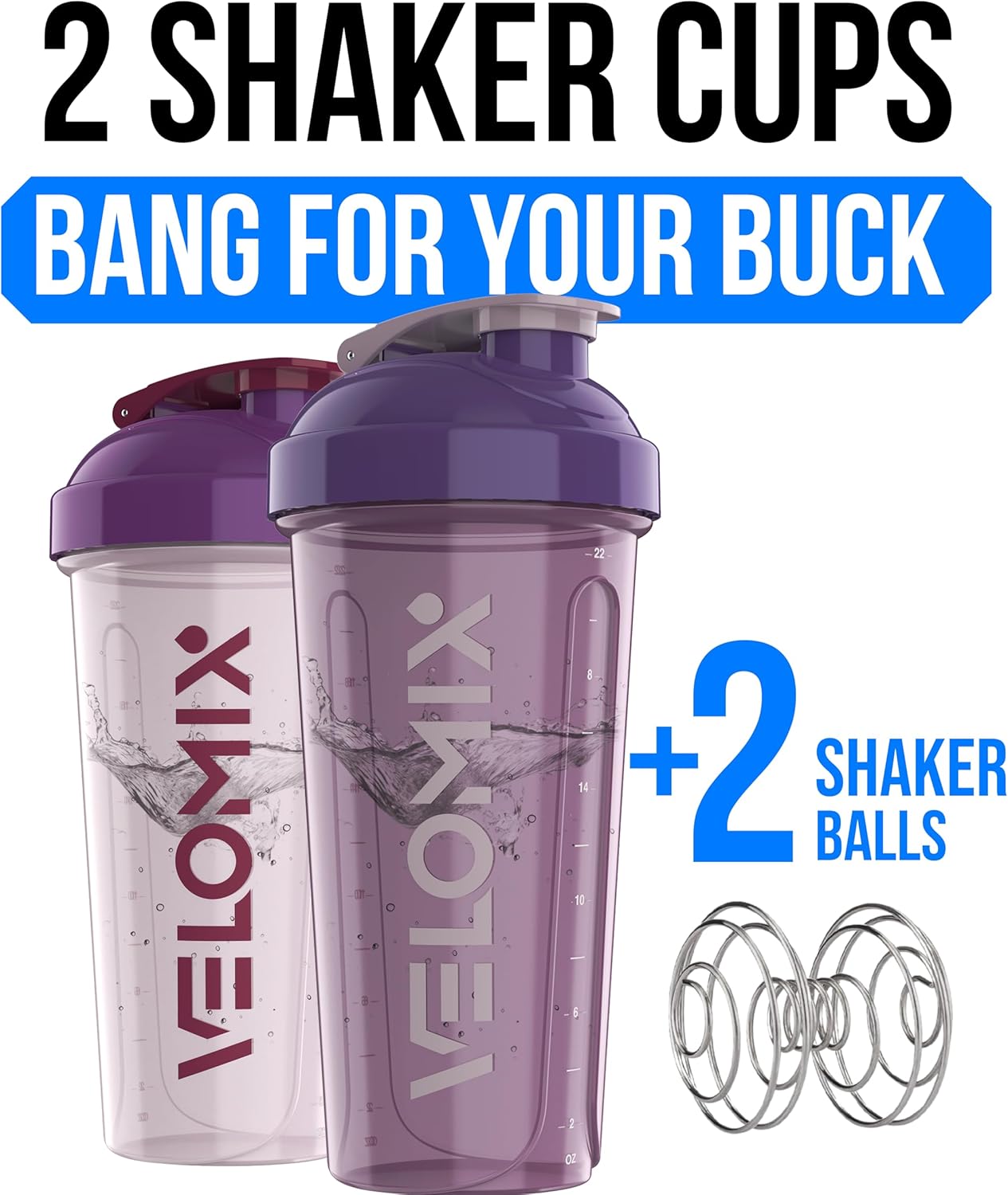 VELOMIX -2 Pack- 28 oz Protein Shaker Bottles for Protein Mixes - 2x Wire Whisk | Leak Proof Shaker Cups for Protein Shakes | Protein Shaker Bottle Pack (Black/Transparent)