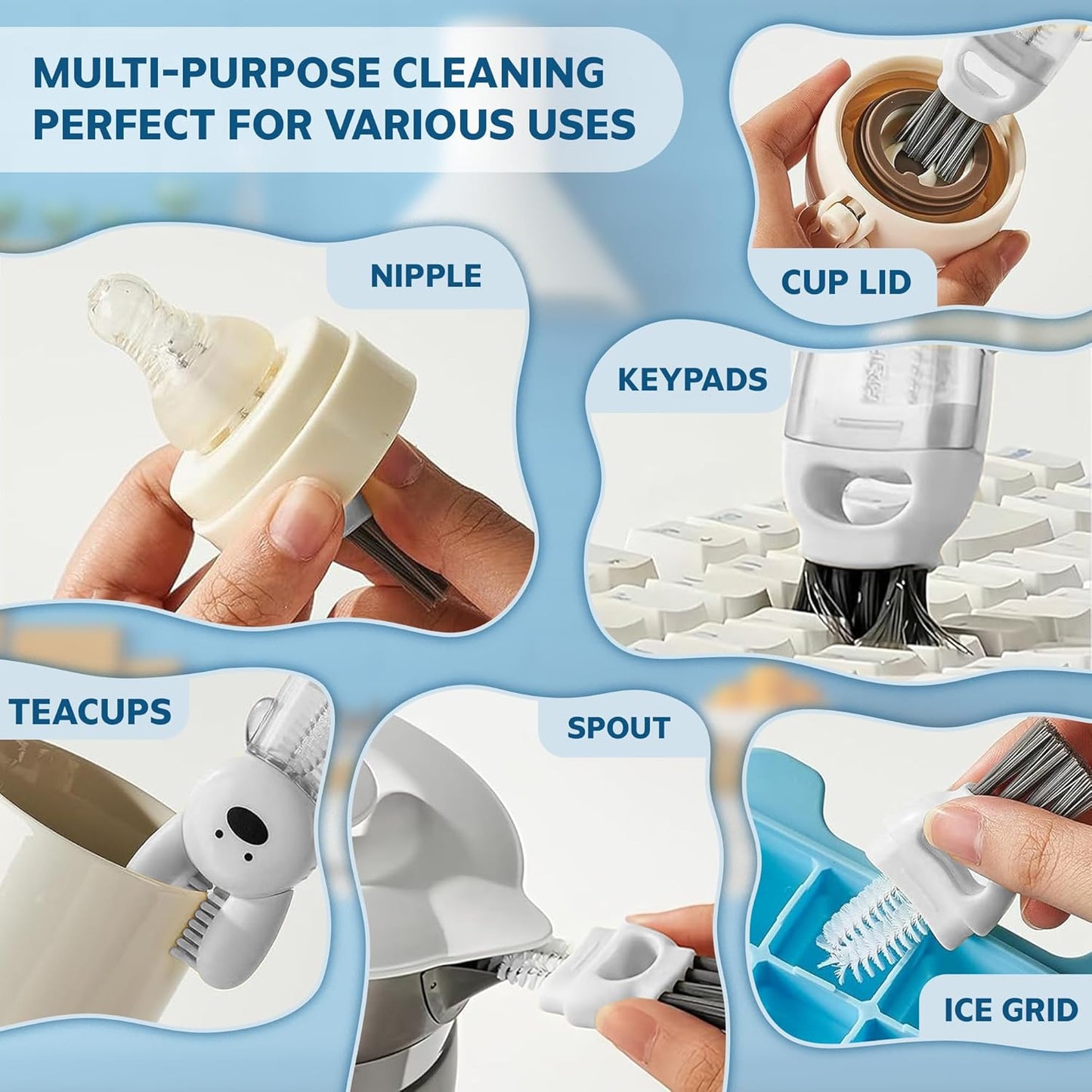 Cup Lid Cleaning Brush, Multifunctional Set with 3 in 1 Lid Cleaner and Two 4 in 1 Cup Lid Cleaning Brushes, Cleaning Brush Tool for Bottles, Straws, Tumblers, Travel Mug Caps, Portable Kit (Blue)